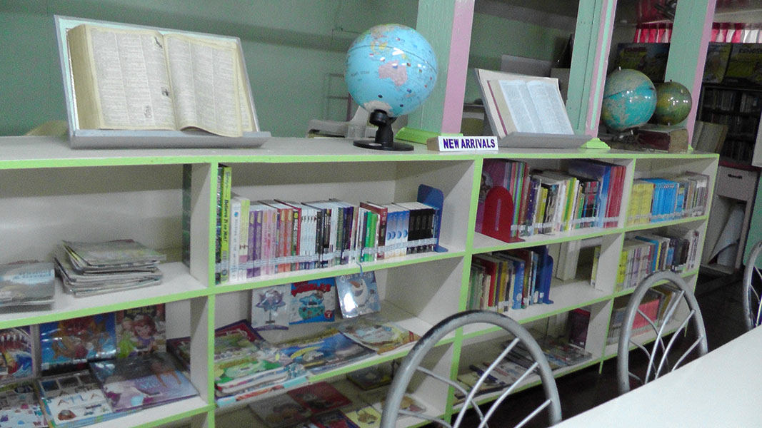 Bookshelves of reference books with globes on top