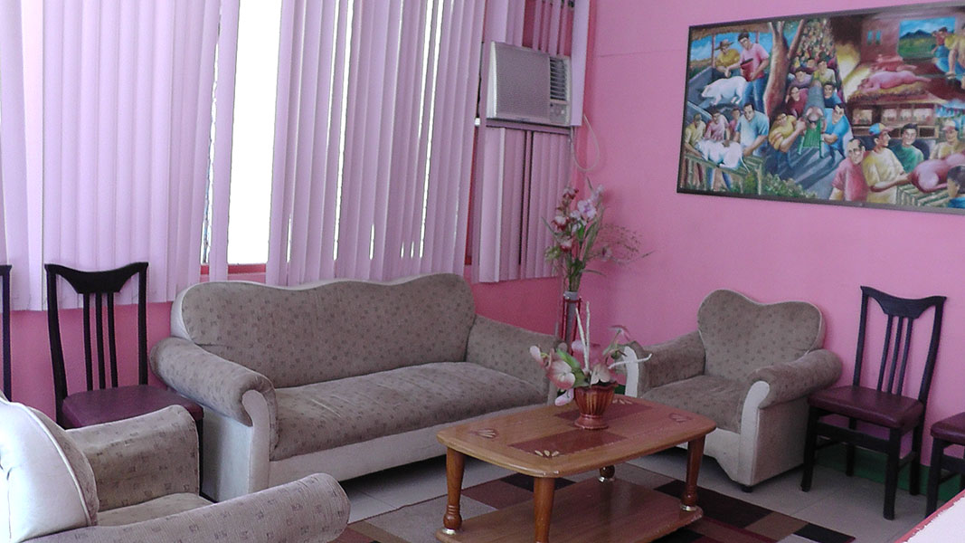 A pink-walled lounge with sofas, a coffee table and a painting